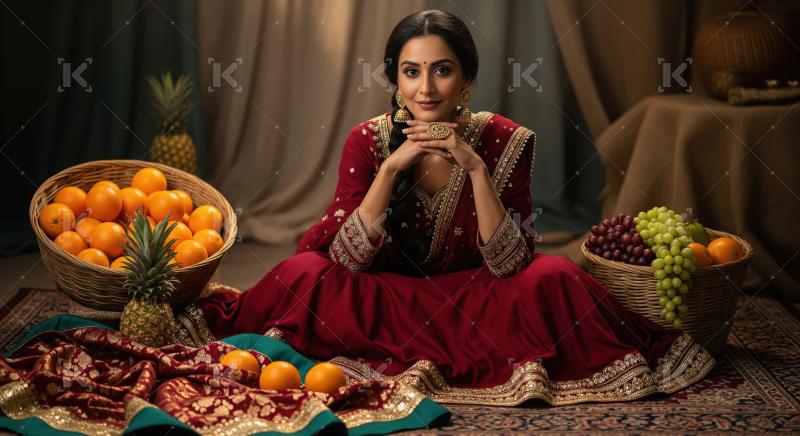 Regal Indian Woman in Traditional Red Dress with Fruits
