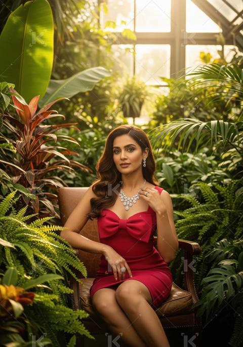 Elegant Woman Adorned in Diamonds Amidst Lush Greenhouse Greener