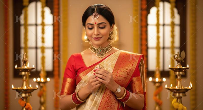 Elegant Indian Woman in Saree, Festive Ambiance, Traditional Lam