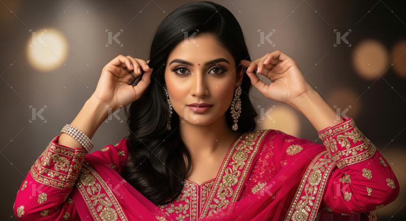 Beautiful Indian Woman in Traditional Pink Attire and Gold Jewel