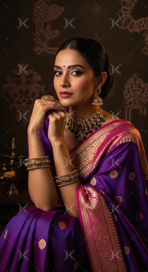 Elegant Indian Woman in Purple Saree and Traditional Jewelry