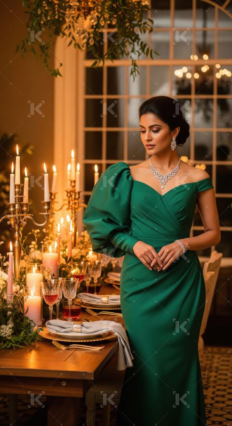 Elegant Woman in Green Gown at Luxurious Candlelit Dinner