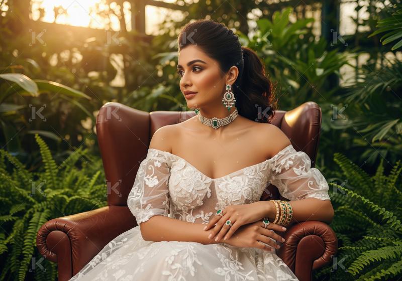 Regal Woman Adorned in Emerald Jewels, Golden Light, Lush Garden