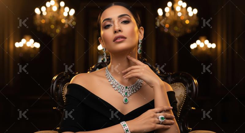 Glamorous Woman Showcasing Exquisite Emerald Diamond Collection