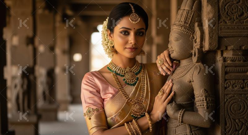 Beautiful Indian Woman in Traditional Gold Jewelry at Temple