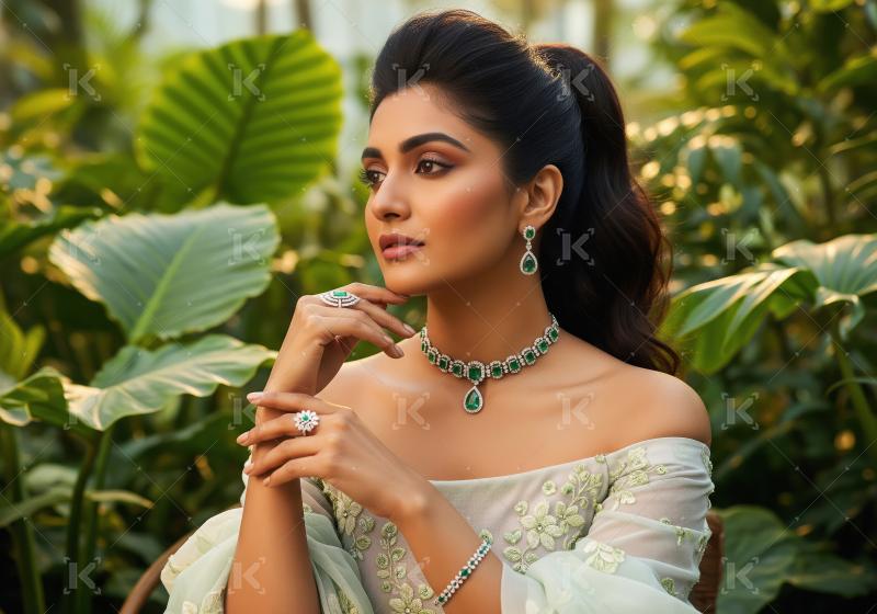 Elegant Indian Woman in Emerald Jewelry Amidst Lush Greenery
