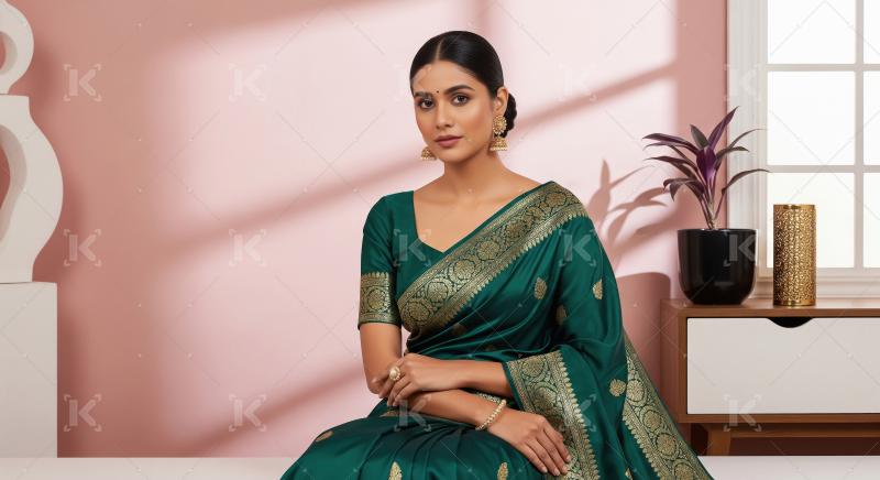 Elegant Indian Woman in Green Silk Saree Posing Gracefully
