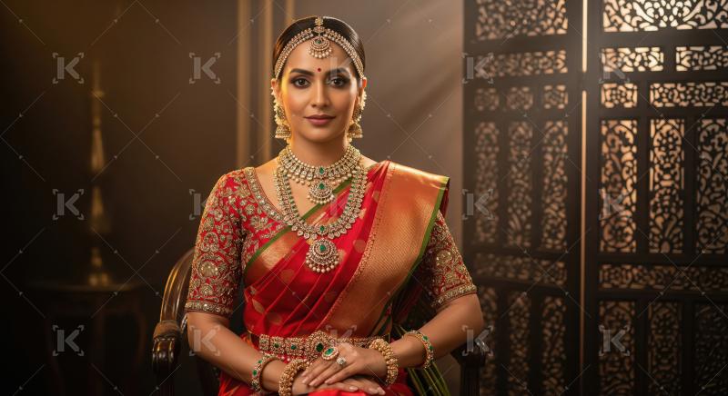 Elegant South Indian Woman Adorned in Traditional Bridal Gold Em