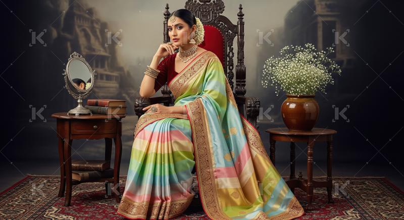 Elegant Indian Woman in Traditional Silk Saree and Gold Jewelry
