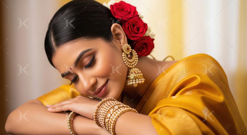 Serene Indian Woman in Traditional Yellow Saree and Gold Jewelry