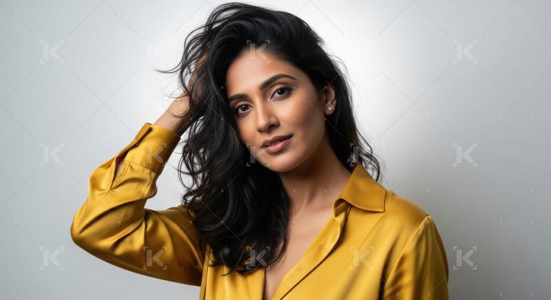 Beautiful South Asian Woman with Wavy Hair Golden Shirt