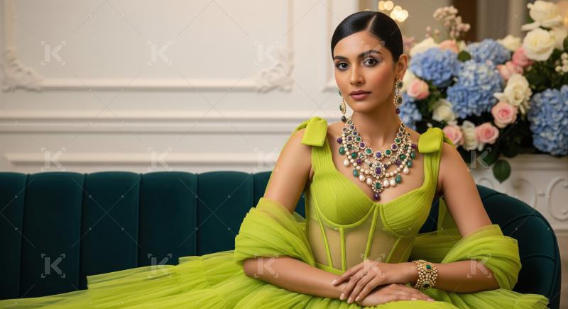 Elegant Woman Adorned in Exquisite Jewelry and Vibrant Green Gow
