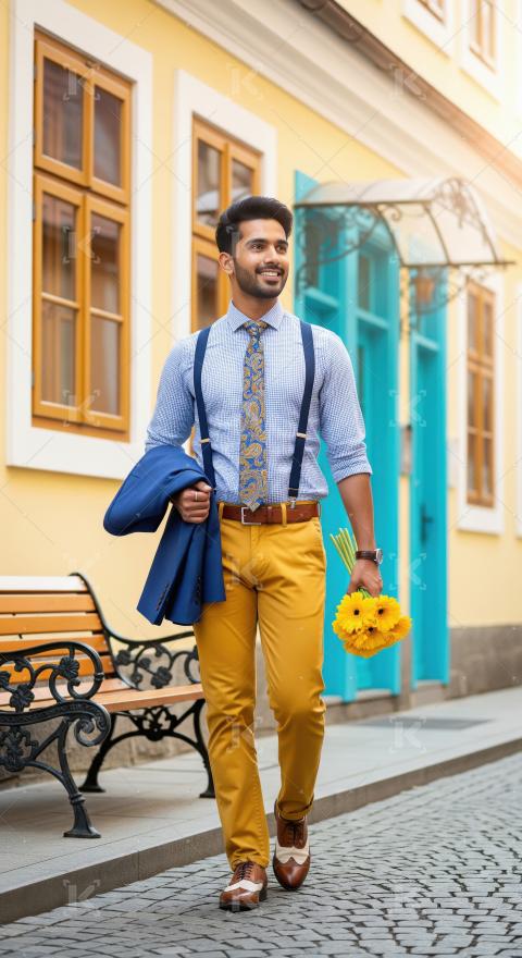 Stylish Man Walking with Yellow Flowers on Charming Street