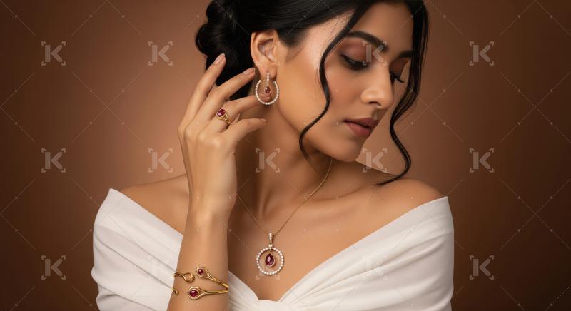 Elegant Indian woman in gold and ruby jewelry set