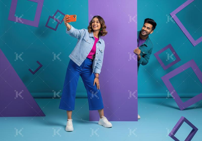 Happy Friends Capturing Moments with Smartphone and Vibrant Back