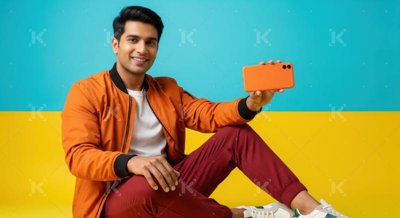 Smiling Young Man Holding Orange Smartphone