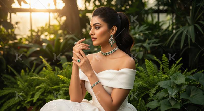 Elegant Woman Adorned in Emerald Jewelry in Lush Garden