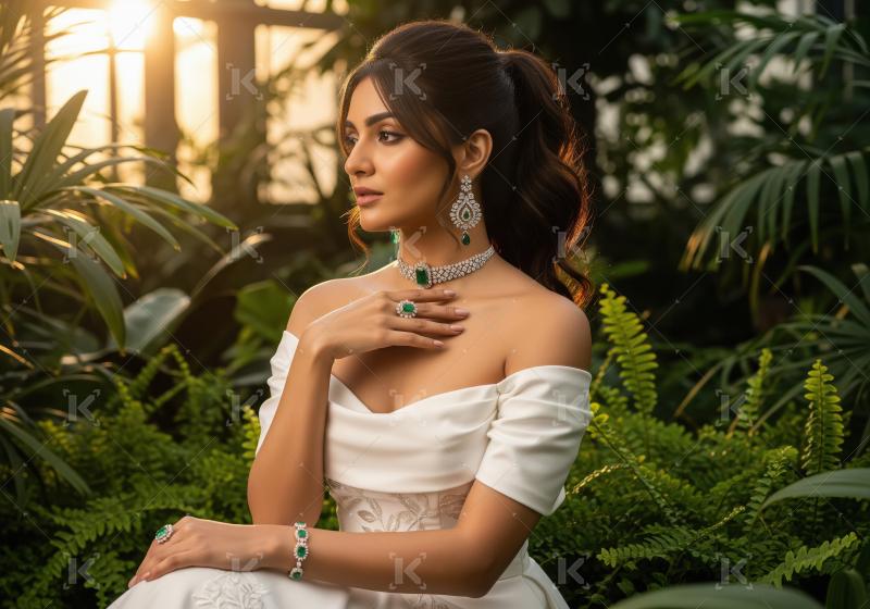 Elegant woman with emerald jewelry in a beautiful garden.