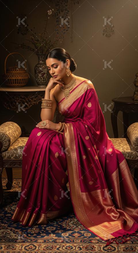 Elegant Indian Woman in Traditional Magenta Silk Saree and Gold