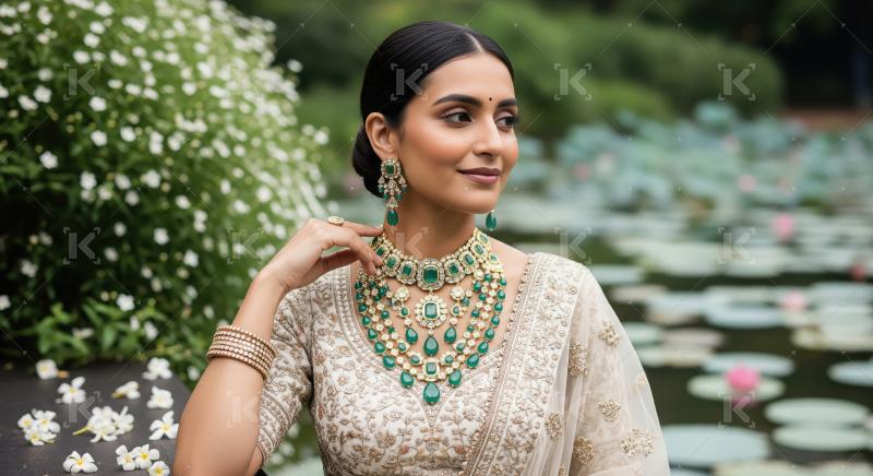 Traditional Indian Woman Adorned in Emerald Gold Jewelry