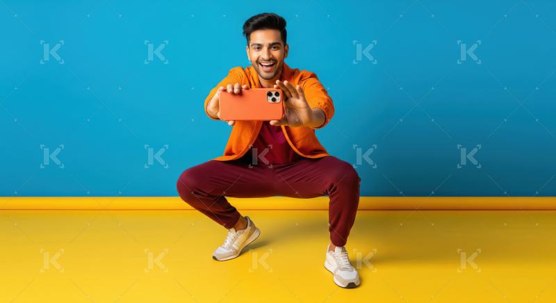 Young Man Capturing Moment with Smartphone in Vibrant Studio