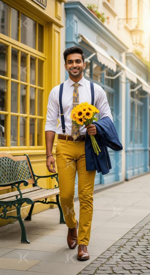 Stylish Man Walks Smiling with Sunflowers on a Colorful Street