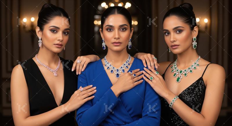 Elegant women showcase stunning gemstone jewelry in a luxurious