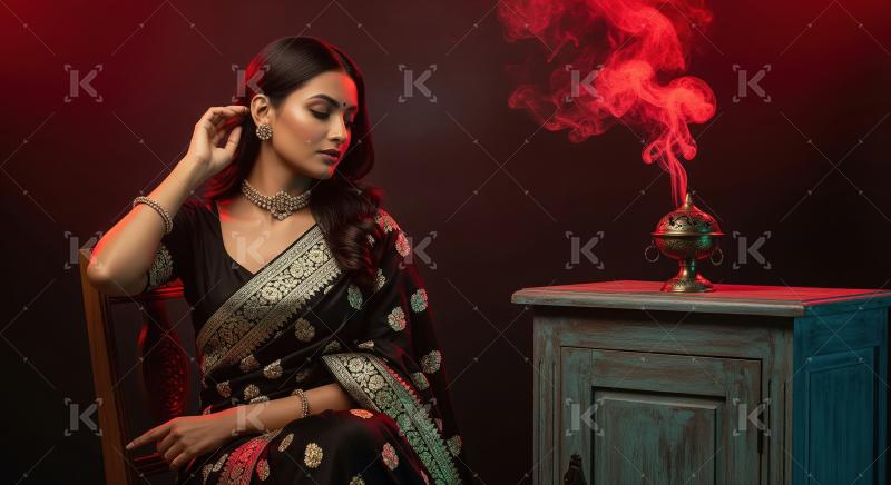 Serene Indian woman in traditional saree, exquisite jewelry, red