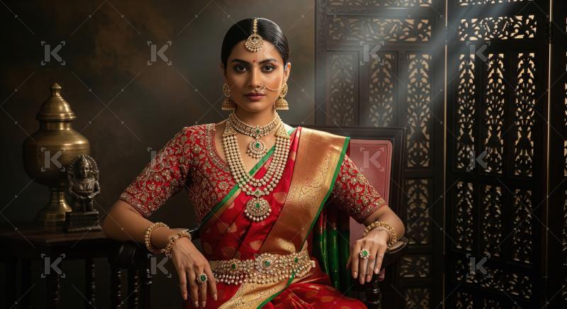 Elegant Indian Woman in Traditional Attire and Golden Emerald Je