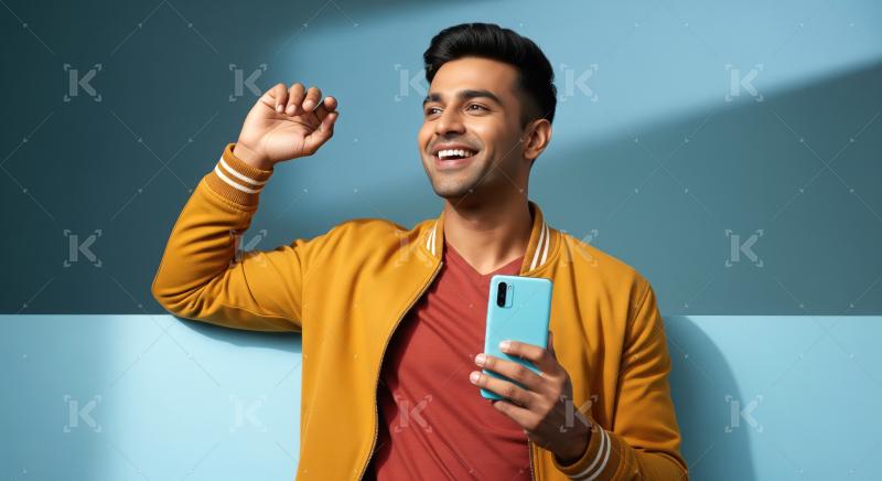 Happy Young Man with Smartphone Smiling Optimistically