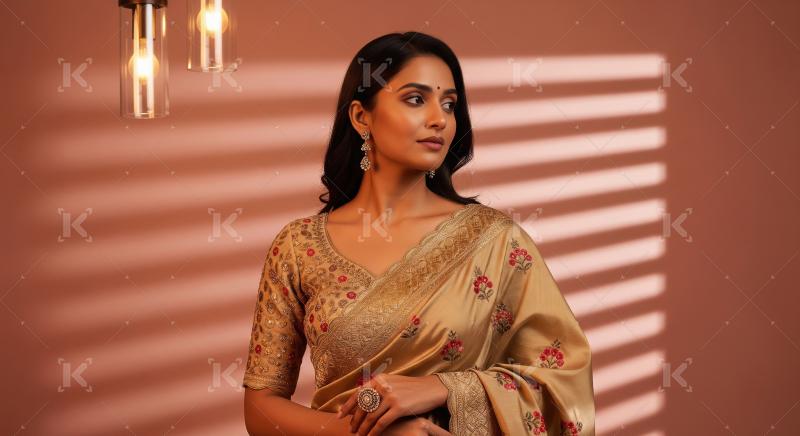 Elegant Indian woman in golden saree and traditional jewelry