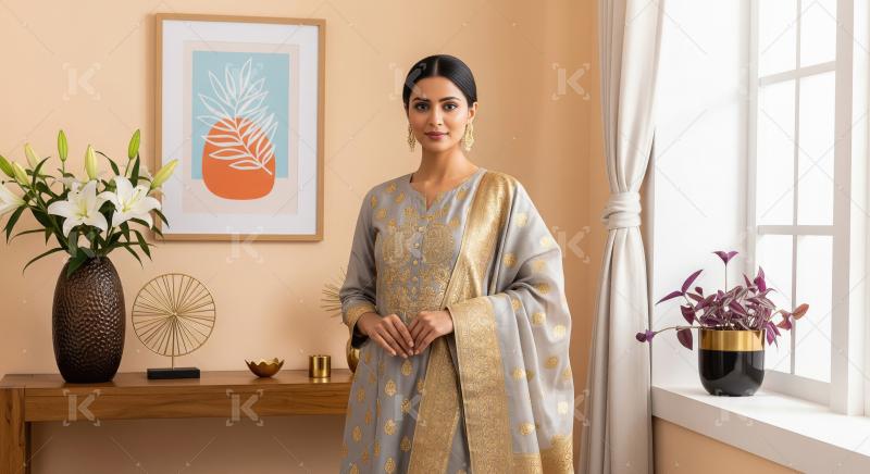 Elegant Indian Woman in Traditional Grey Gold Ethnic Wear