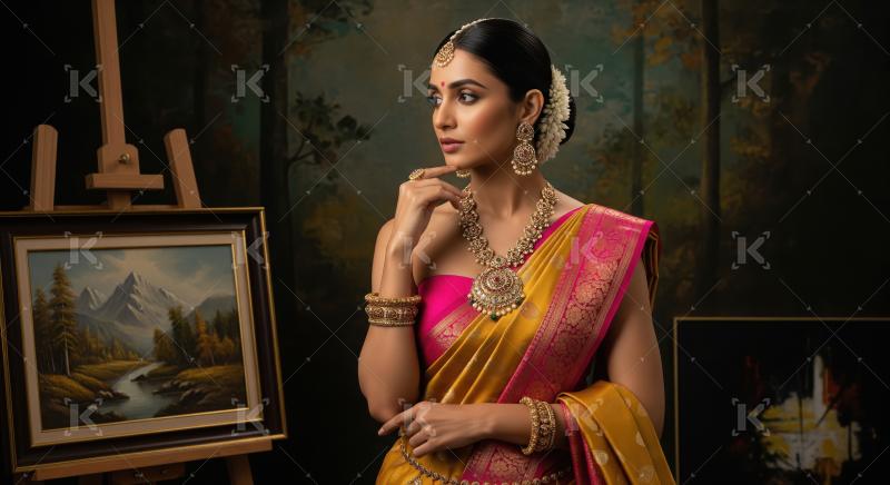Elegant Indian Woman in Saree Adorned with Traditional Gold Jewe