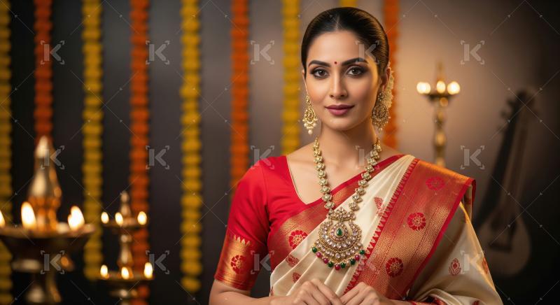 Traditional Indian Woman in Saree, Jewelry, and Festive Decor