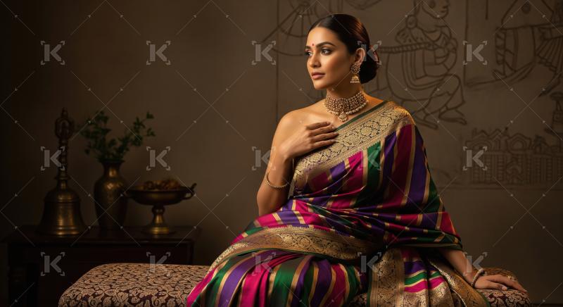 Elegant Indian Woman in Traditional Saree and Jewelry