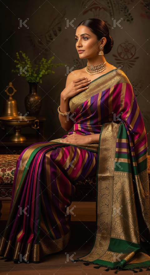 Elegant Woman in Vibrant Striped Kanjeevaram Silk Saree