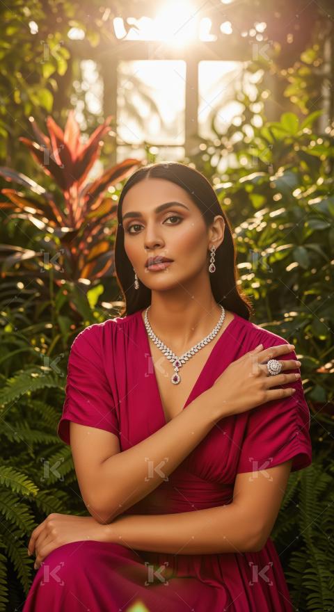 Beautiful woman modeling luxurious diamond and ruby jewelry.