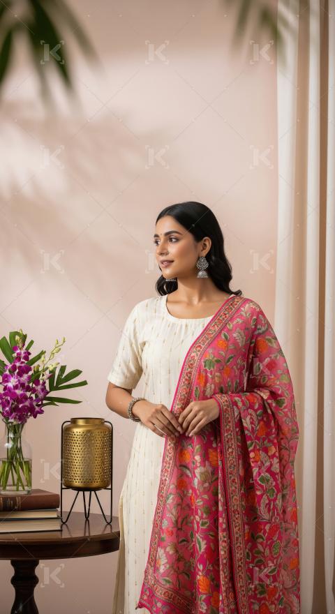 Elegant Indian Woman in Traditional Kurta and Floral Dupatta
