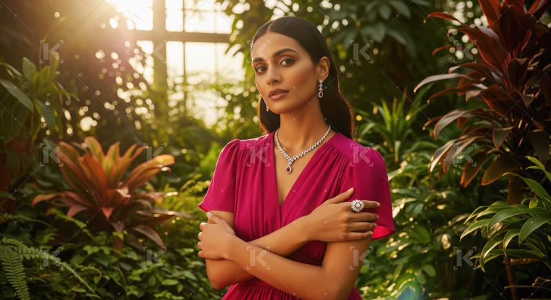 Elegant Woman Adorned in Ruby Jewelry amidst Lush Garden