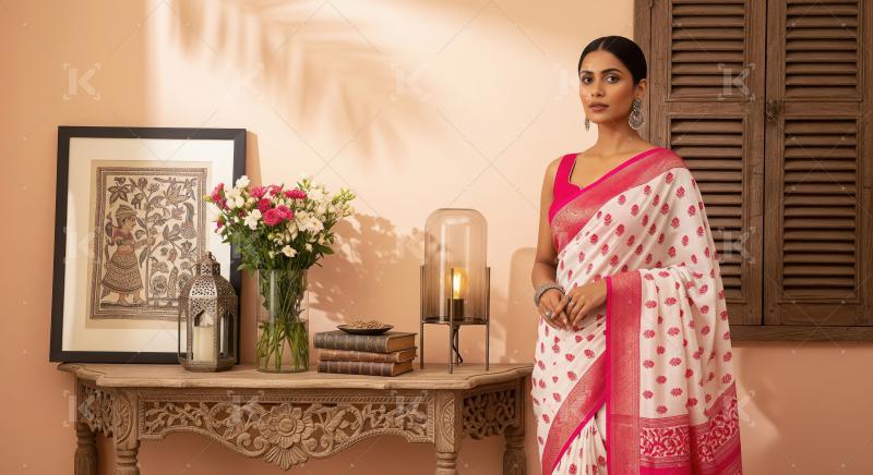 Elegant Indian Woman Posing Amidst Rich Cultural Decor