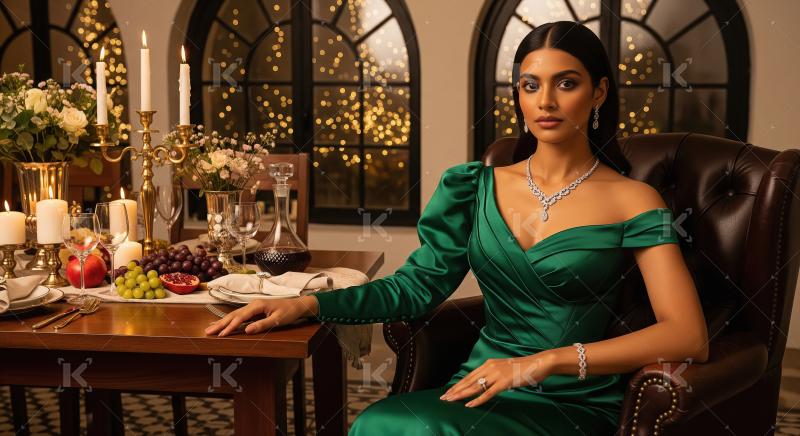 Elegant Woman in Green Dress at Luxurious Candlelit Dinner