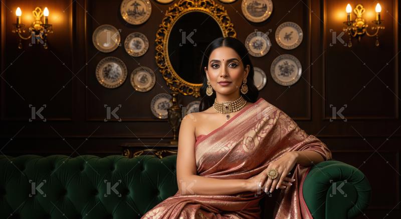 Elegant Indian Woman Adorned in Gold Saree and Exquisite Jewelry
