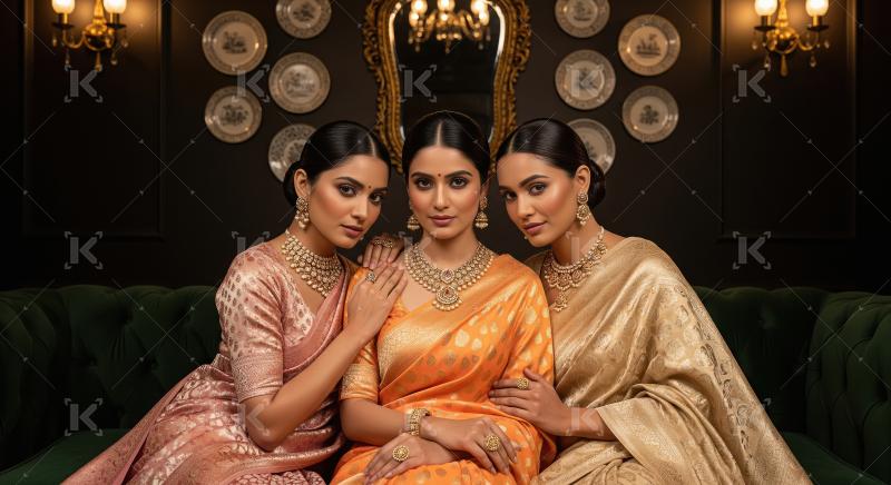 Three elegant Indian women in traditional silk sarees and jewelr