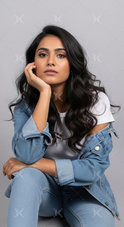 Beautiful Young Indian Woman Posing Confidently in Denim Attire