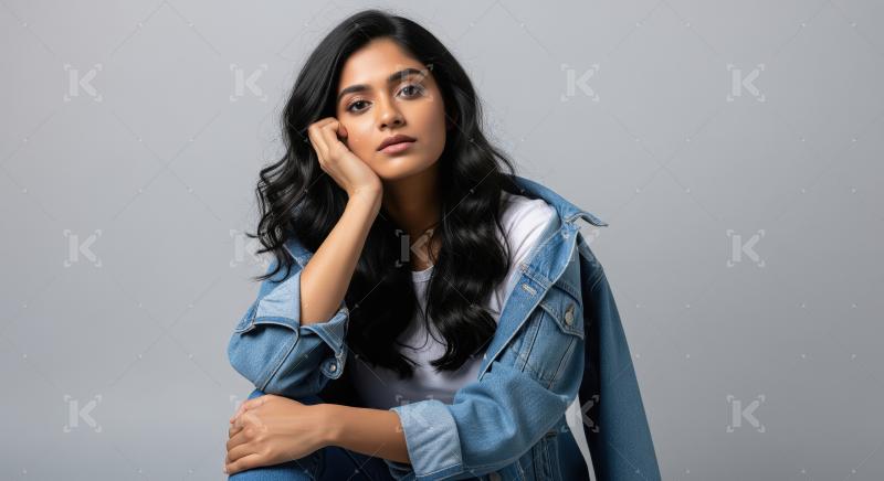 Beautiful young Indian woman in denim jacket posing thoughtfully