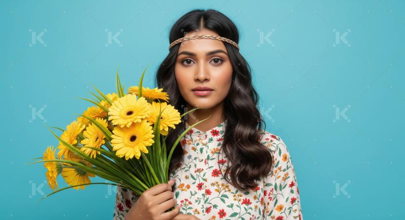 Beautiful Indian woman with yellow flowers and bohemian headband