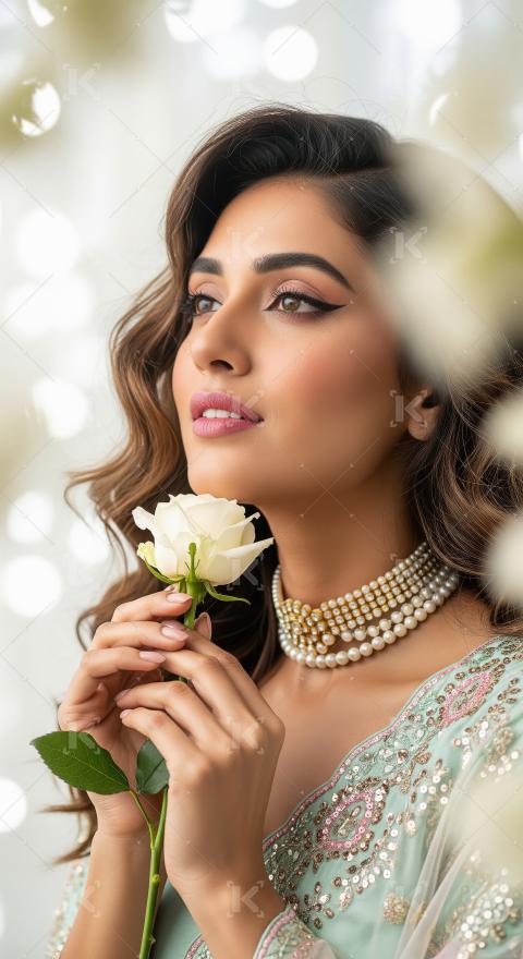 Elegant Woman with Rose, Adorned in Traditional Indian Jewelry