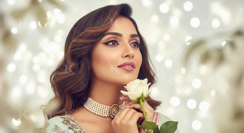 Elegant Woman with White Rose and Pearl Choker in Festive Lights