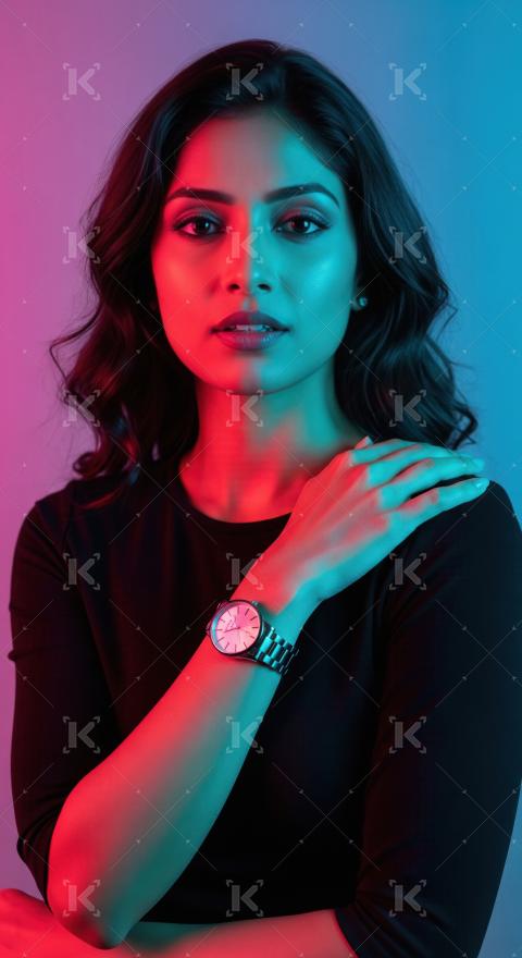 Confident Woman Posed in Dramatic Dual-Tone Neon Light