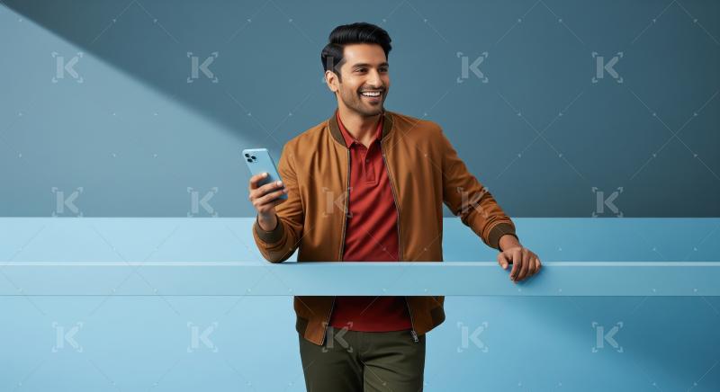 Smiling Man Holds Smartphone on Modern Blue Background